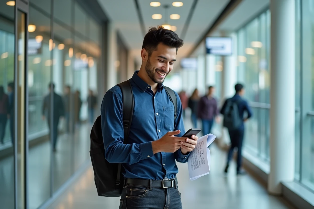 Étudiant consultant l'application de gestion de scolarité eduservices My Campus sur son smartphone dans un couloir d'université