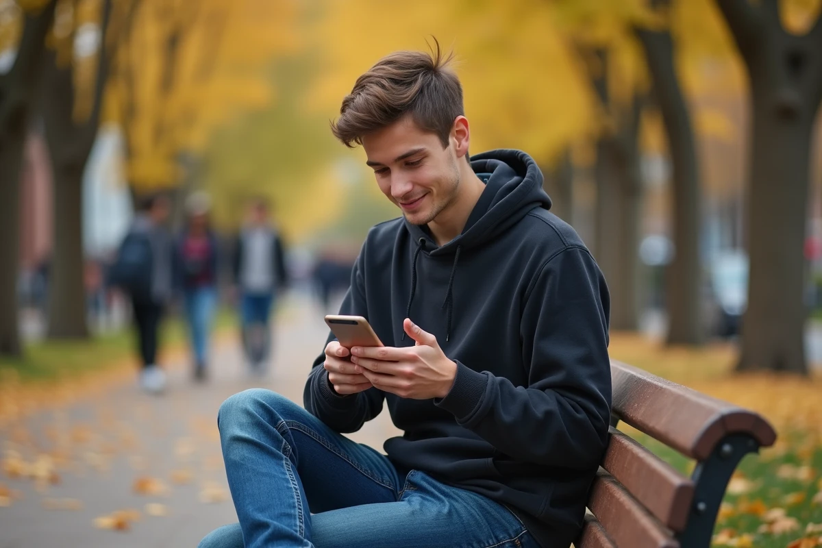 Étudiant assis sur un banc de campus consultant sa messagerie AC Strasbourg sur son téléphone mobile