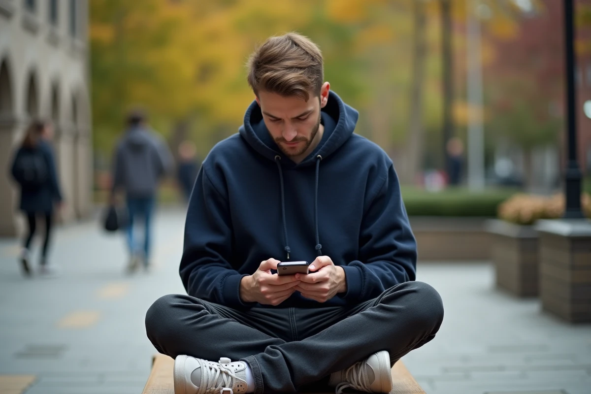 Étudiant utilisant l'ENT de l'Université de Lorraine sur smartphone en extérieur sur le campus