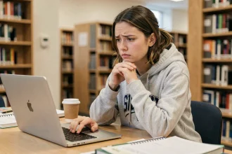 Étudiante frustrée devant son ordinateur portable essayant de récupérer son mot de passe ENT ULHN oublié dans une bibliothèque universitaire