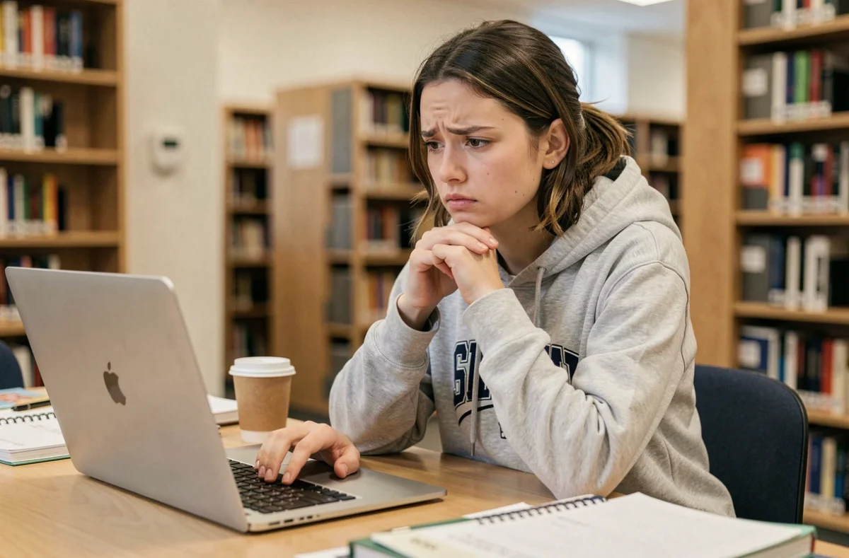 Étudiante frustrée devant son ordinateur portable essayant de récupérer son mot de passe ENT ULHN oublié dans une bibliothèque universitaire