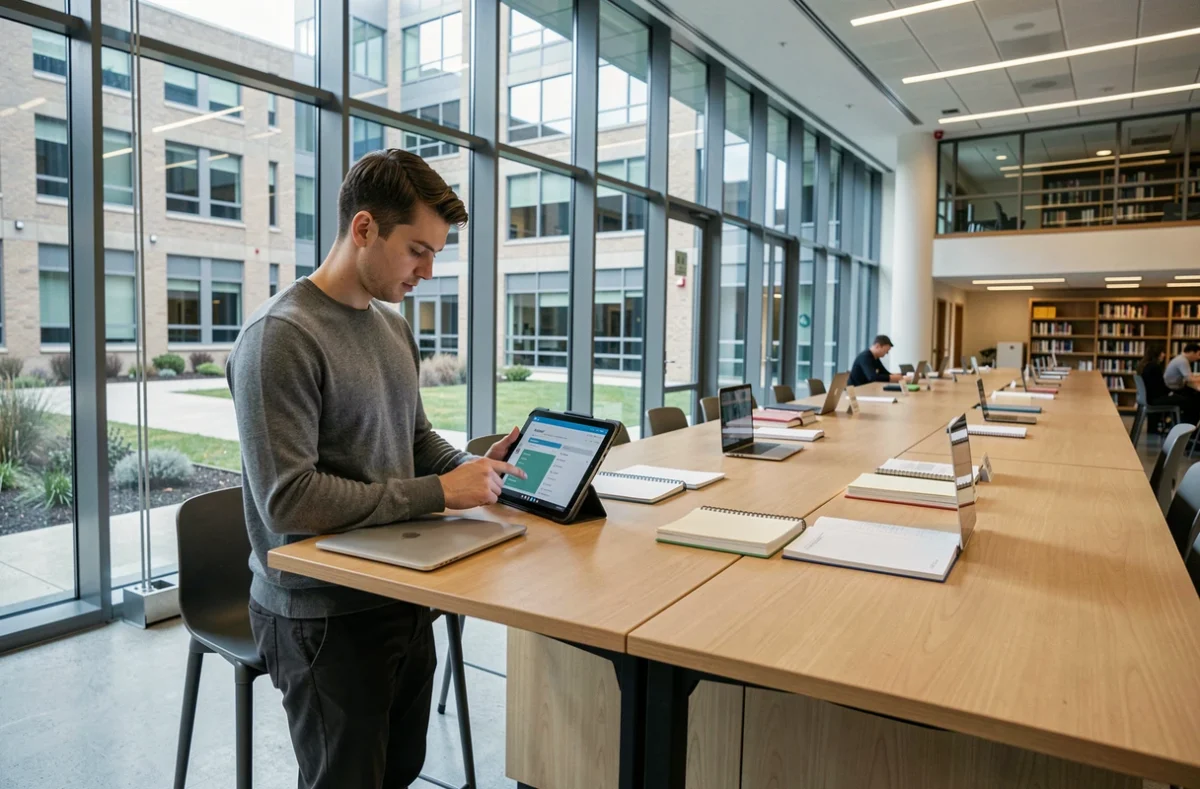 Étudiant consultant le portail ENT CESI sur une tablette dans une bibliothèque universitaire moderne