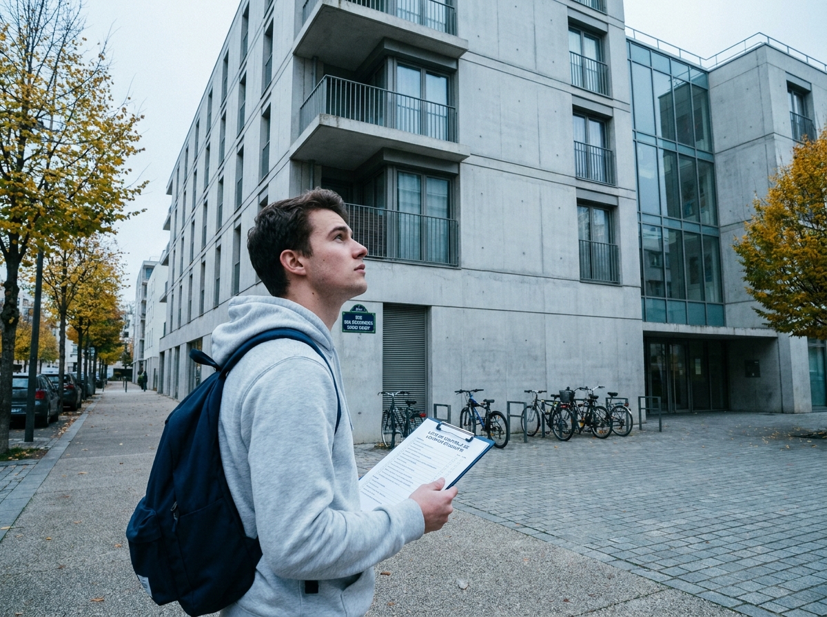 Étudiant évaluant une résidence universitaire moderne à Cergy-Pontoise lors de sa recherche d'appartement
