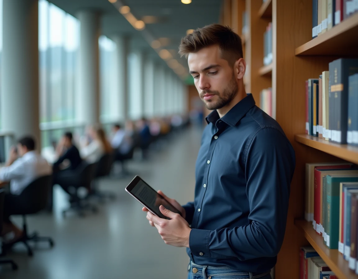 Étudiant consultant le portail Cyclades sur une tablette dans une bibliothèque universitaire moderne