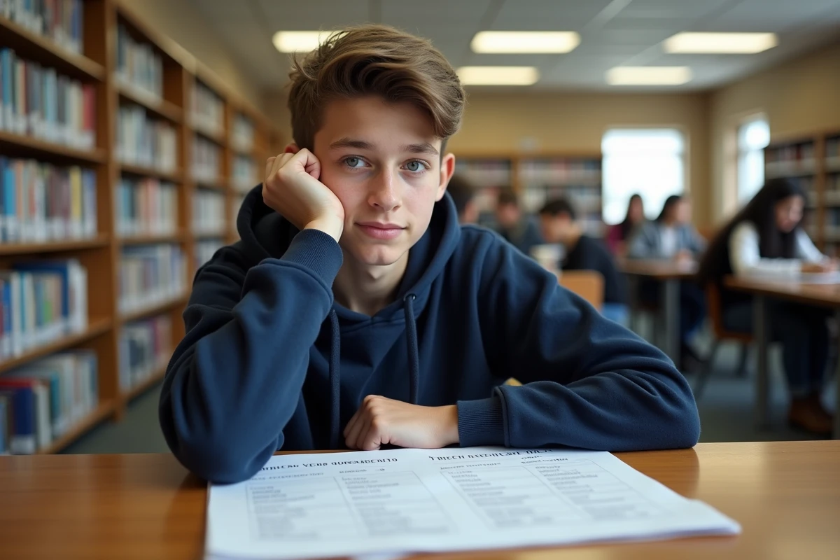 Adolescent étudiant une liste de verbes du premier groupe dans une bibliothèque scolaire avec une fiche de conjugaison imprimée