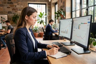 Étudiante en alternance marketing digital analysant des tableaux de bord analytiques dans un espace de co-working moderne à Bordeaux