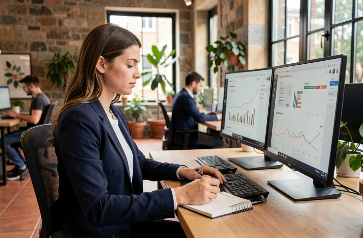 Étudiante en alternance marketing digital analysant des tableaux de bord analytiques dans un espace de co-working moderne à Bordeaux