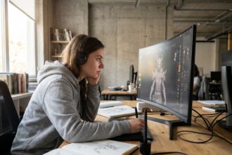 Étudiante en animation 3D travaillant sur un logiciel de modélisation à son bureau dans un studio créatif moderne