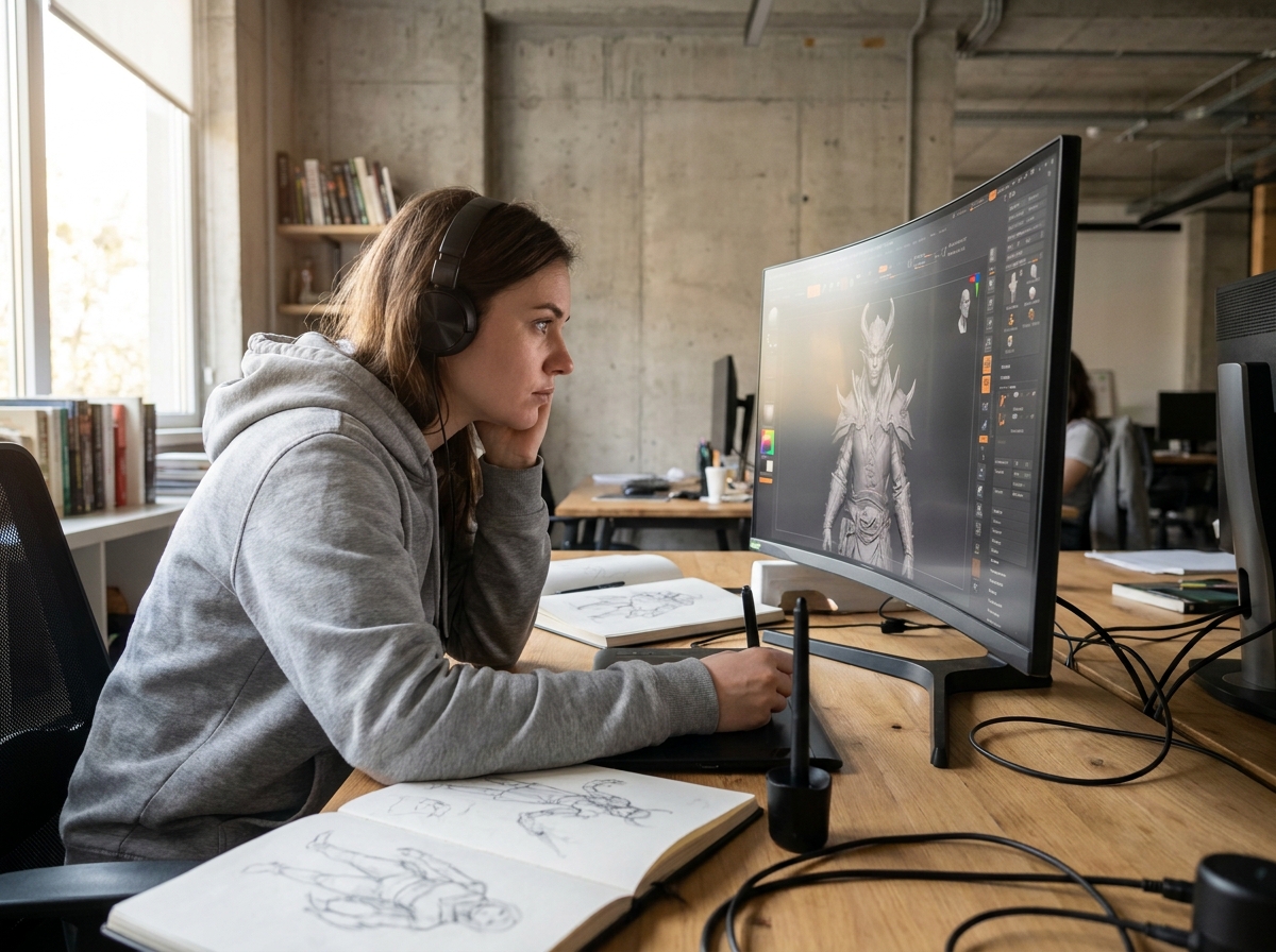 Étudiante en animation 3D travaillant sur un logiciel de modélisation à son bureau dans un studio créatif moderne