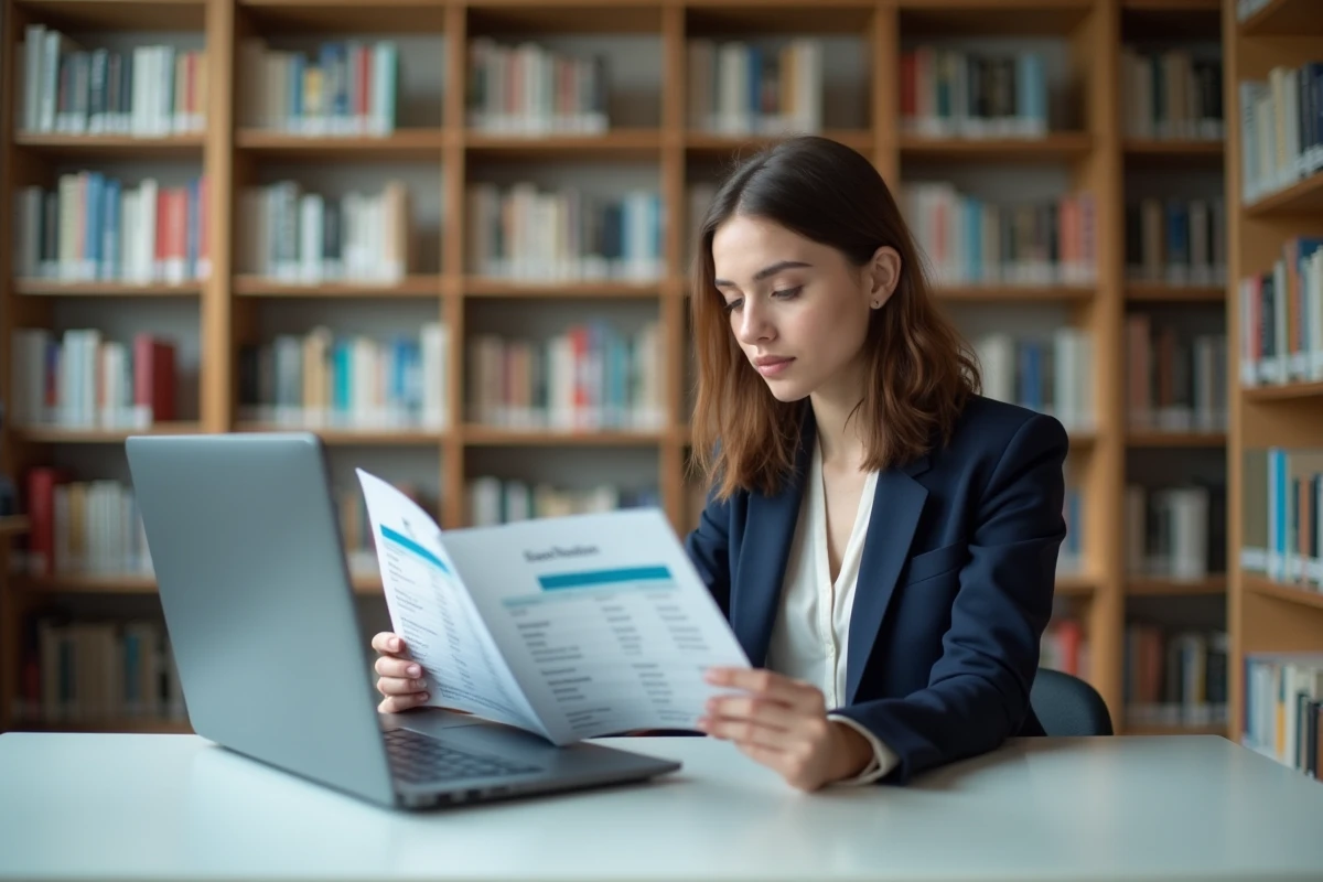 Jeune étudiante consultant un guide de classement des écoles de commerce en bibliothèque universitaire