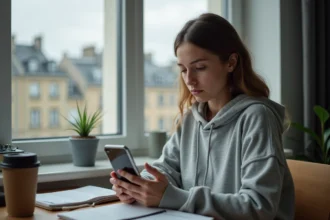 Étudiante consultant sa boîte mail académique de Clermont-Ferrand sur son smartphone dans une chambre universitaire