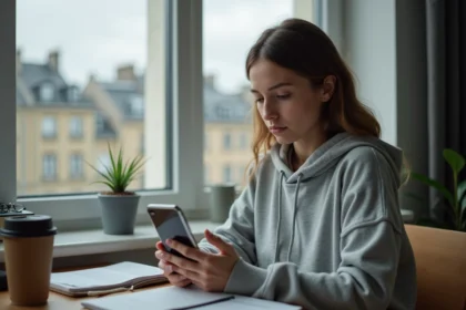 Étudiante consultant sa boîte mail académique de Clermont-Ferrand sur son smartphone dans une chambre universitaire