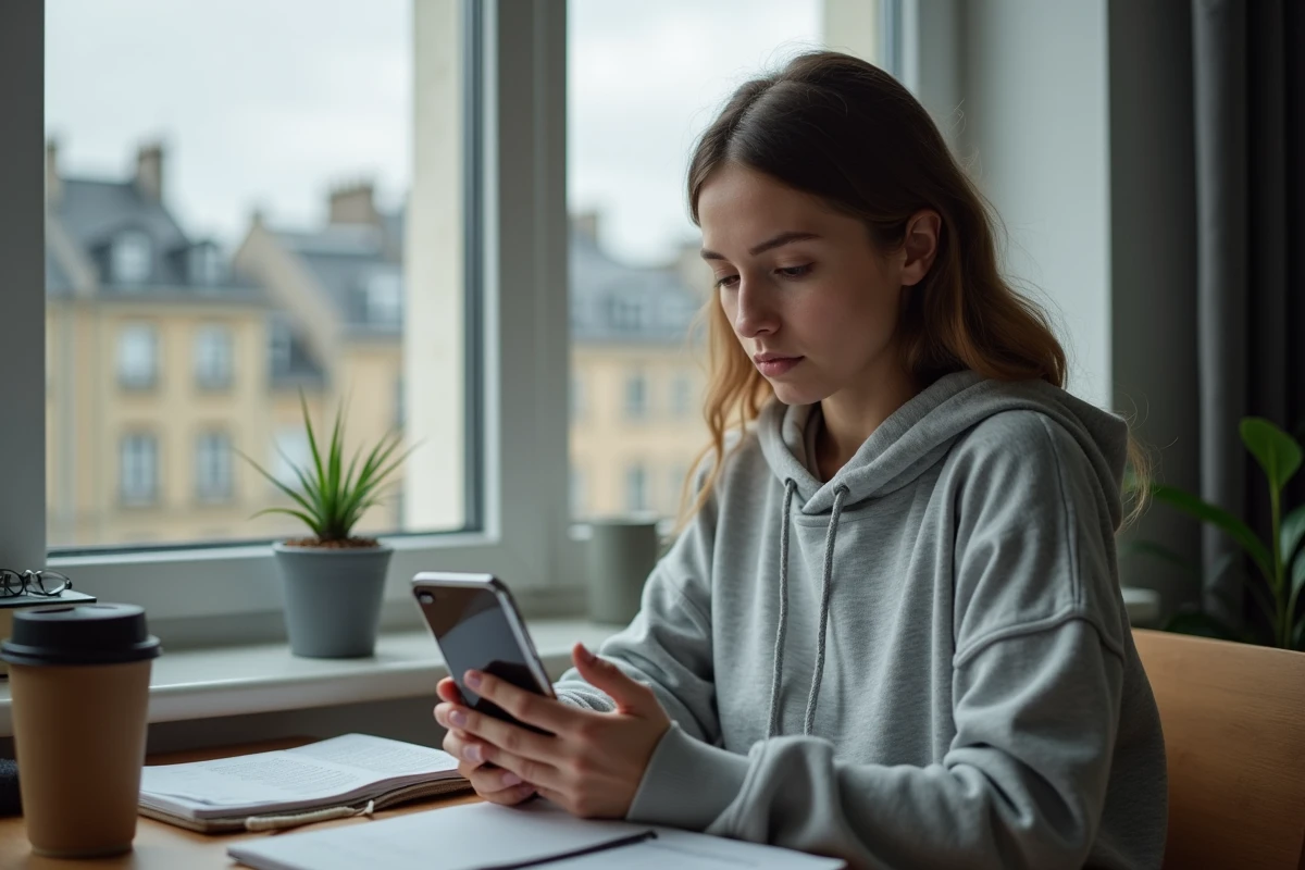 Étudiante consultant sa boîte mail académique de Clermont-Ferrand sur son smartphone dans une chambre universitaire