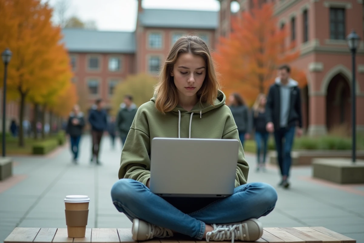 Étudiante en extérieur sur un campus consultant ses notes et sa progression sur la plateforme e-Greta Moodle