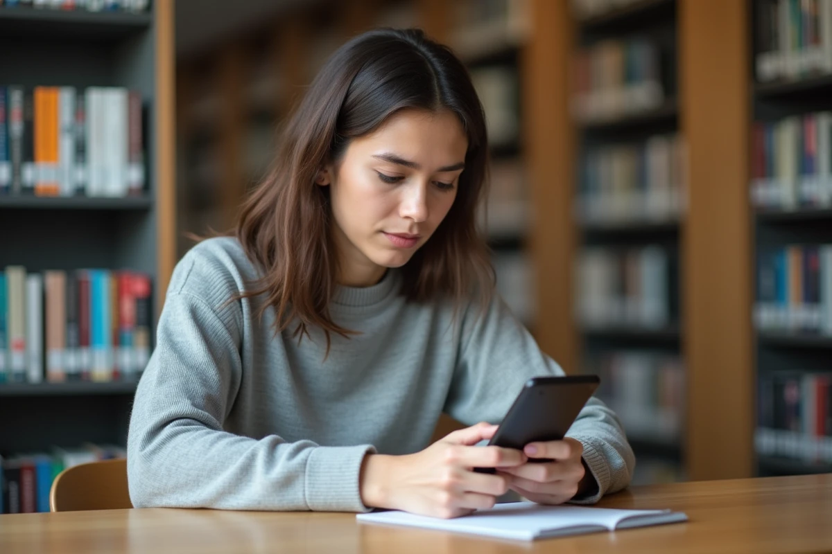 Étudiante configurant sa messagerie AC Strasbourg sur smartphone dans une bibliothèque universitaire