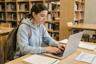 Étudiante connectée au portail Arena Versailles sur un ordinateur portable dans une bibliothèque universitaire, avec une check-list imprimée posée sur le bureau