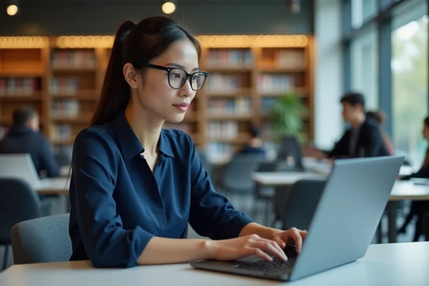 Étudiante naviguant sur le portail intranet Sigma d'une université depuis un ordinateur portable en bibliothèque
