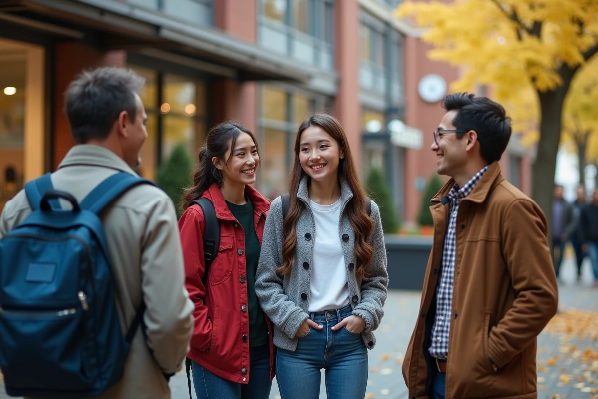 Jeune étudiante avec ses parents devant une librairie universitaire