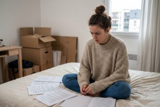Étudiante consultant des annonces de logement dans un studio meublé à Cergy, prenant des notes sur ses options de location
