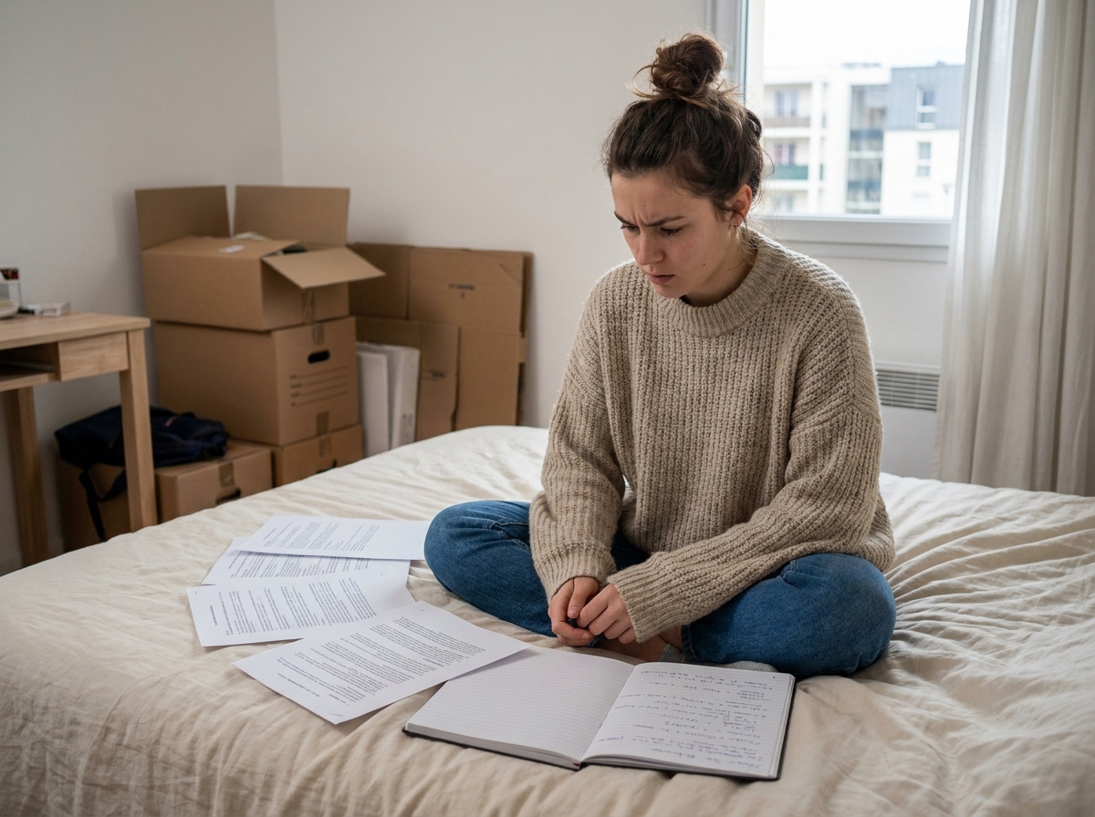 Étudiante consultant des annonces de logement dans un studio meublé à Cergy, prenant des notes sur ses options de location