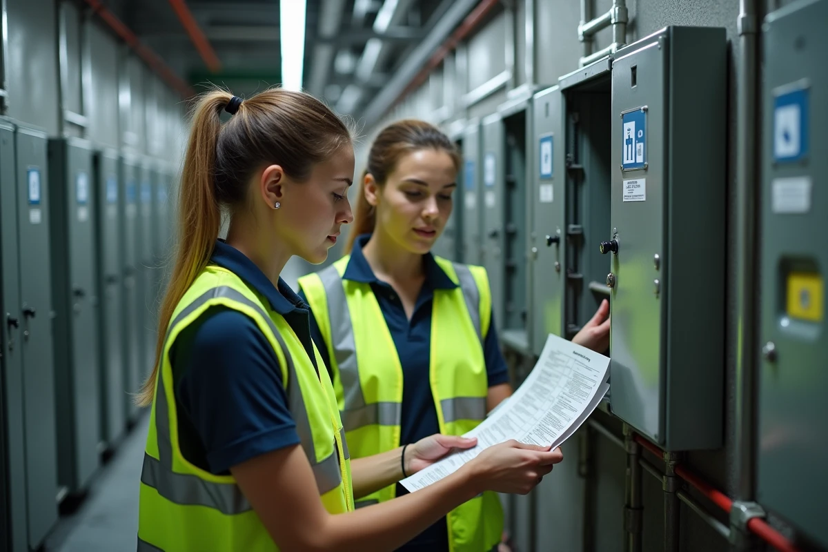 Étudiantes en BTS réalisant un exercice pratique de vérification électrique avec gilets de sécurité dans un atelier de formation professionnelle
