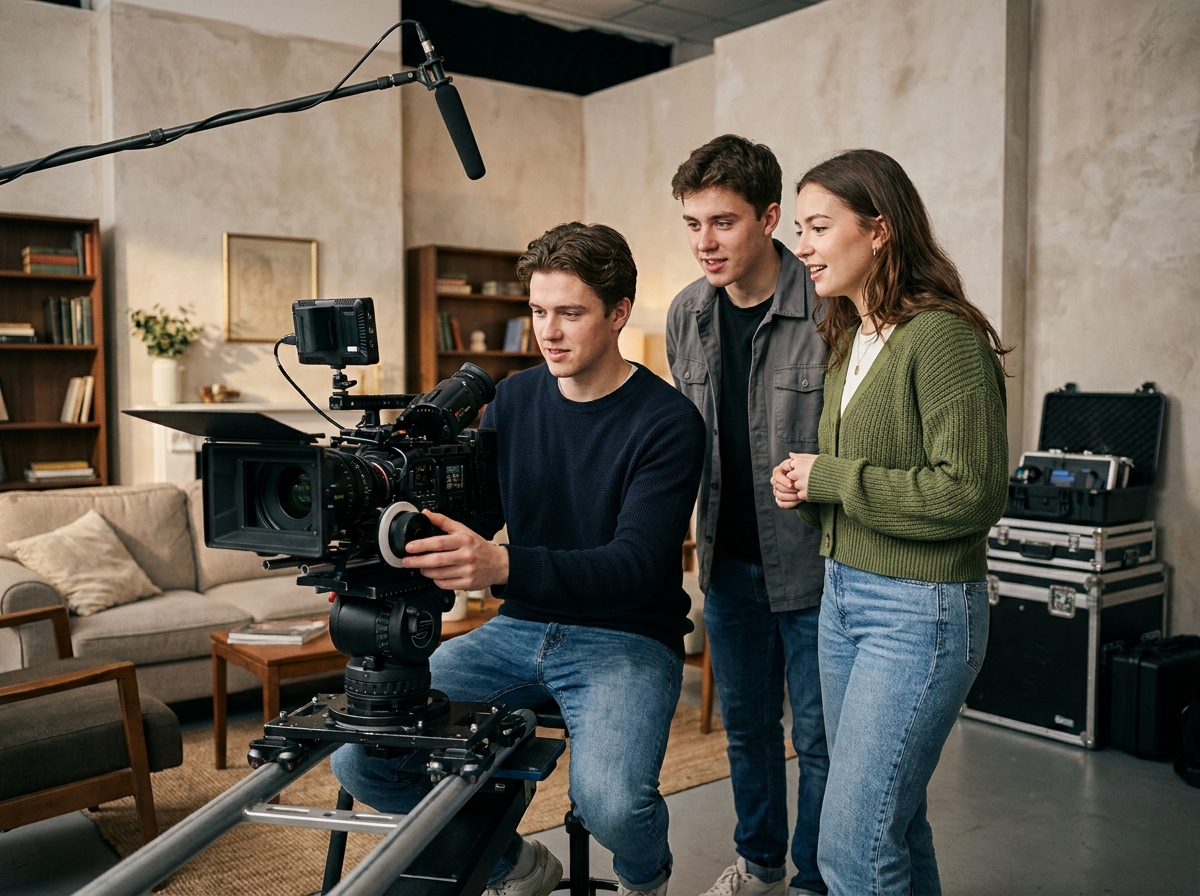 Étudiants en école de cinéma manipulant une caméra professionnelle sur un plateau de tournage pédagogique