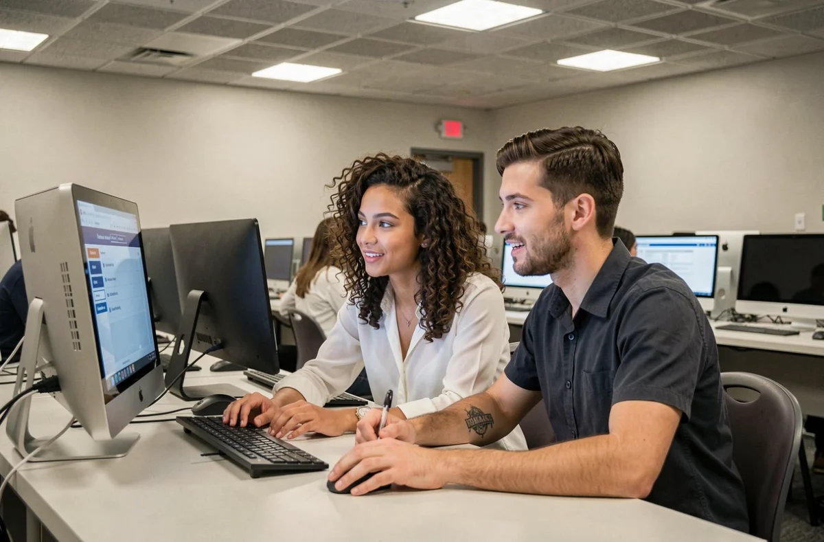 Deux étudiants CESI collaborant sur un poste informatique pour accéder aux ressources pédagogiques en ligne