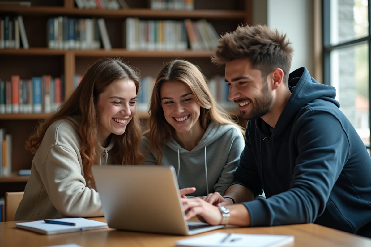 Étudiants universitaires collaborant sur un exercice interactif Moodle dans une bibliothèque académique