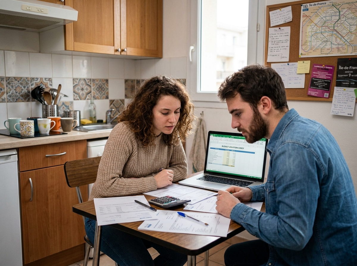 Deux colocataires étudiants planifiant leur budget loyer sur un ordinateur portable dans leur appartement partagé à Cergy