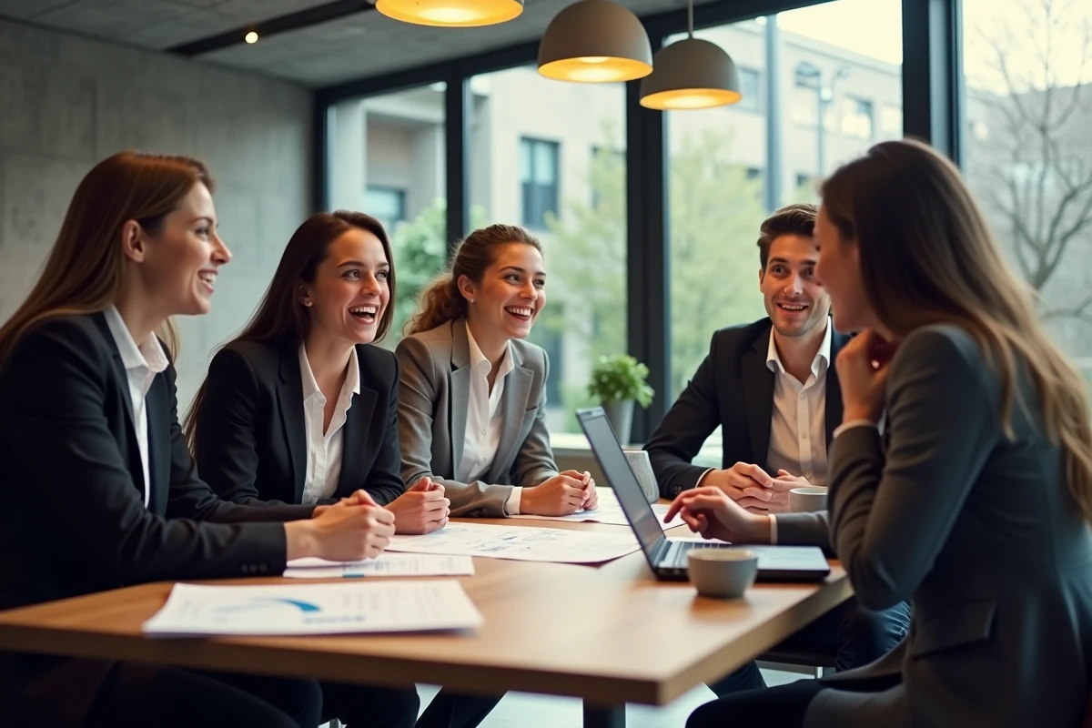 Étudiants en école de commerce comparant les classements Grande École et BBA autour d'une table de travail moderne