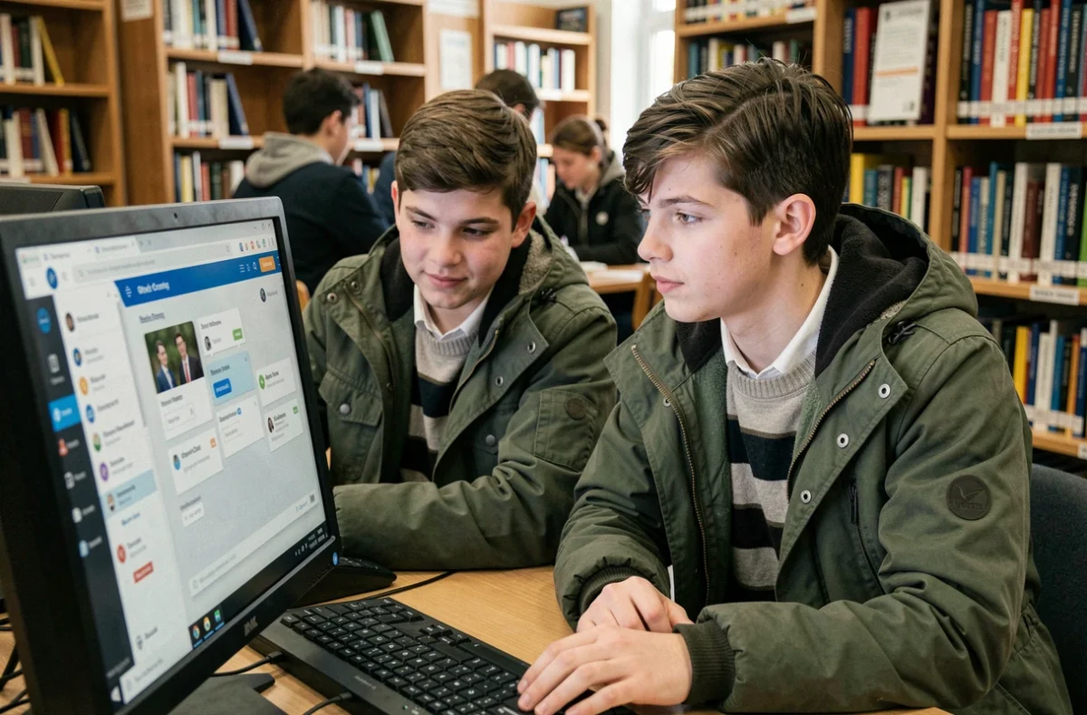 Deux lycéens consultant un espace numérique de travail sur un poste informatique en bibliothèque scolaire