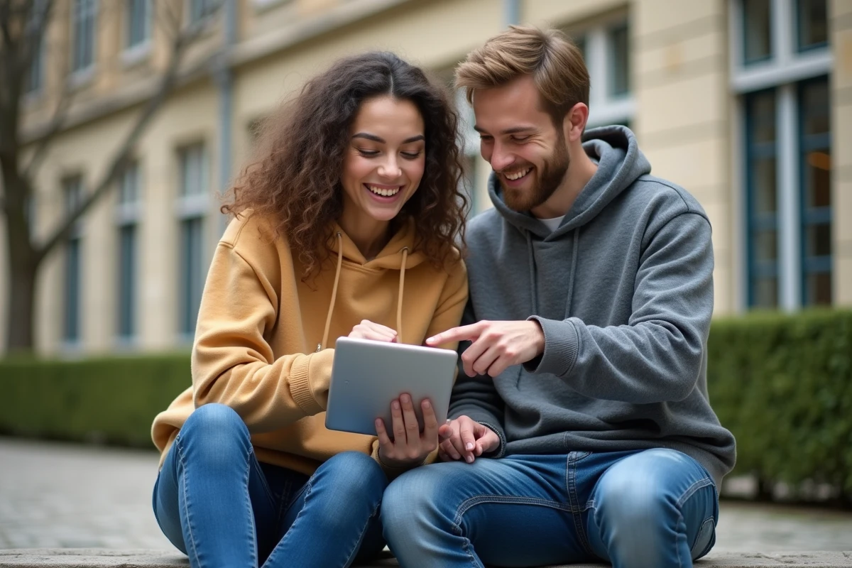Deux étudiants consultant ensemble le portail numérique Sigma sur une tablette en extérieur sur le campus de Clermont