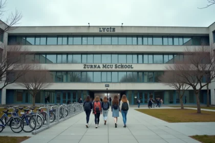 Façade extérieure d'un grand lycée français avec des élèves entrant dans l'établissement