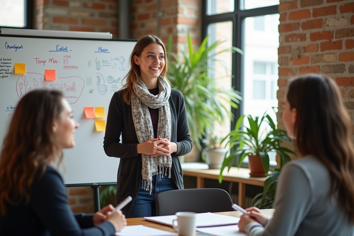 Jeune facilitatrice encourageant ses collègues lors d