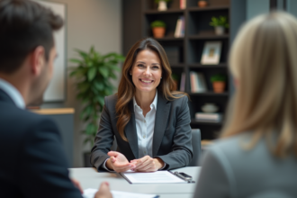 Femme d'affaires souriante en réunion dans un bureau moderne