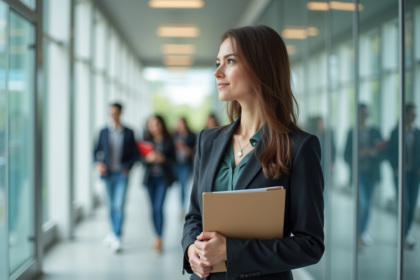 Femme confiante en université avec dossier et poster