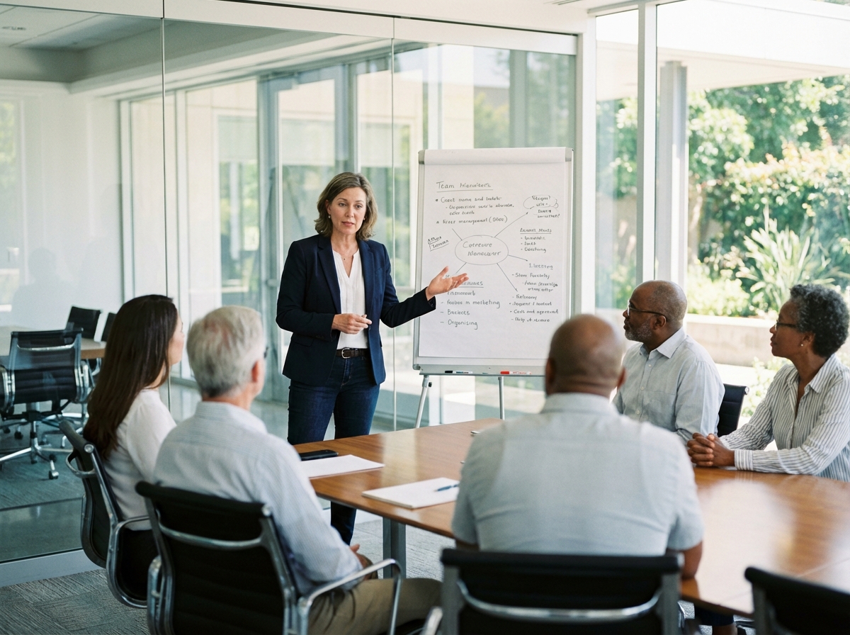 Femme confiante expliquant à un groupe en salle lumineuse