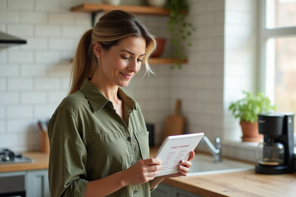 Femme consultant une application de conjugaison de verbes du premier groupe sur une tablette dans une cuisine moderne