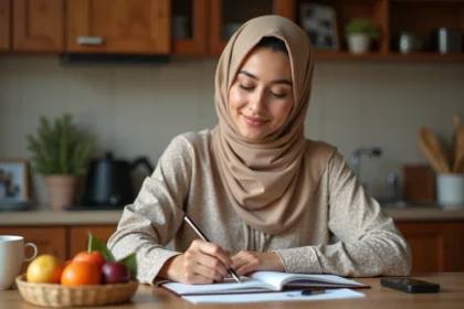 Jeune femme arabe écrivant du vocabulaire en arabe dans une cuisine chaleureuse