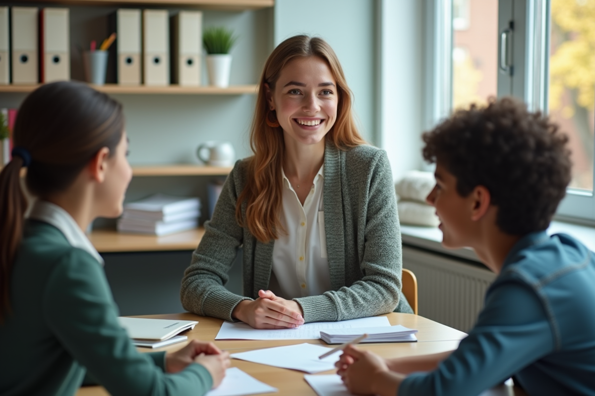 Femme aidant un élève dans un bureau scolaire intérieur