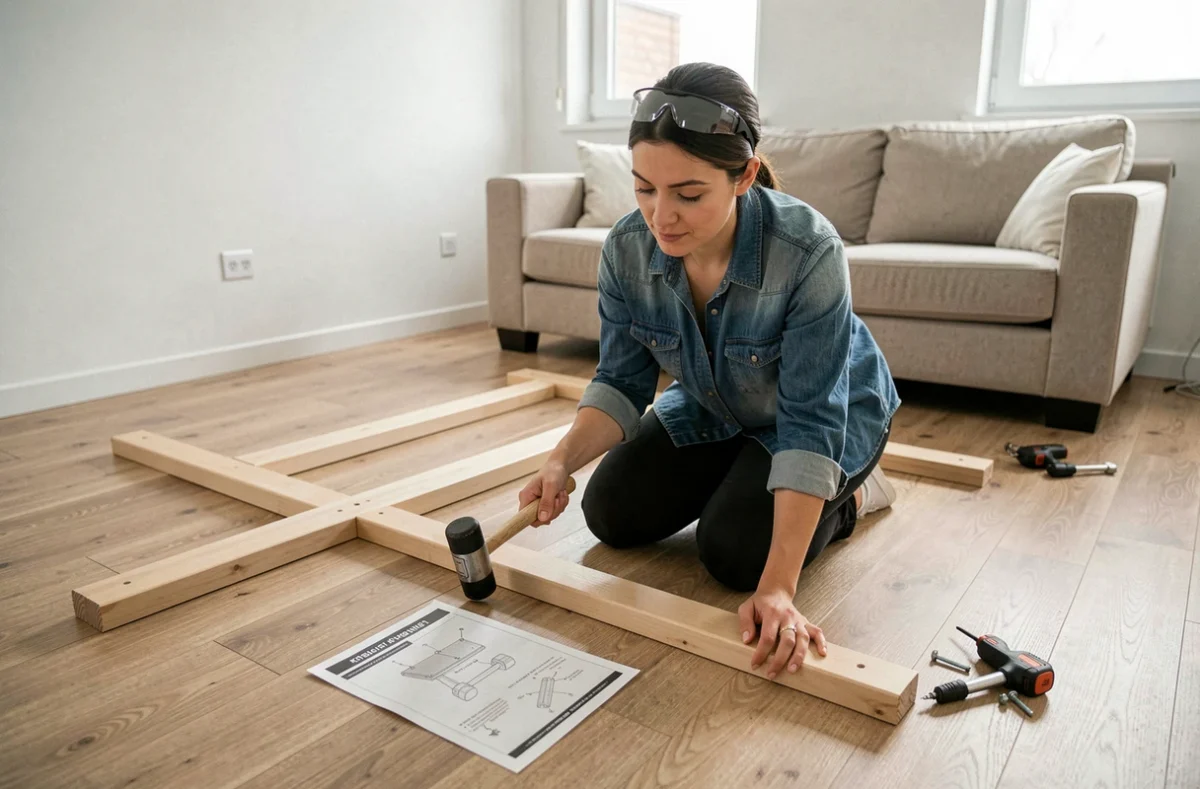 Femme assemblant un meuble en kit chez elle en suivant les instructions d'une formation bricolage pratique