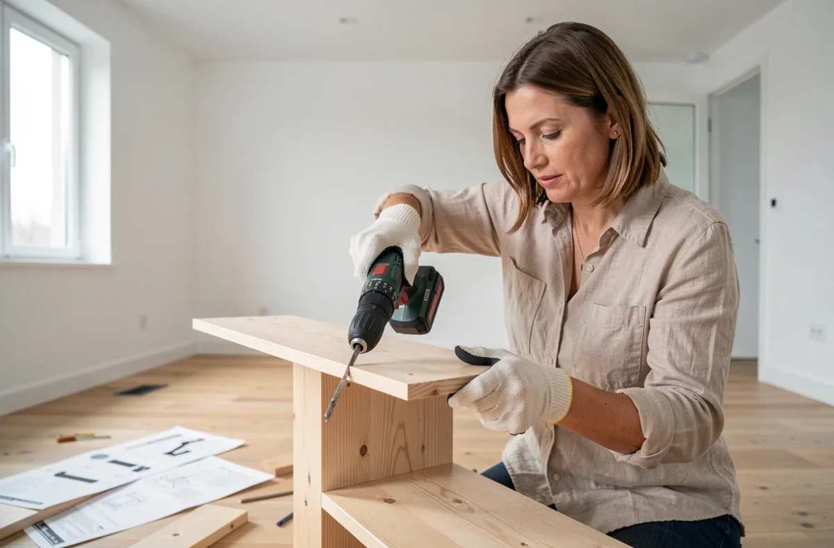 Femme utilisant une perceuse sans fil pour assembler une étagère en bois dans un appartement moderne, cours de bricolage en ligne