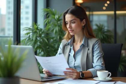 Femme confiante au bureau avec documents et café
