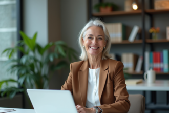 Femme confiante en blazer travaillant sur un ordinateur dans un bureau moderne