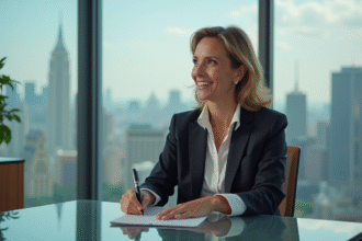 Femme élégante dans un bureau moderne souriante