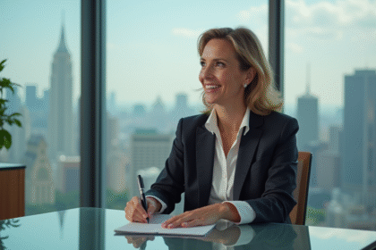 Femme élégante dans un bureau moderne souriante