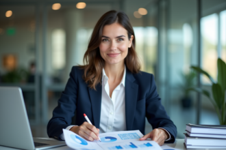 Femme en blazer navy organisant des graphiques financiers