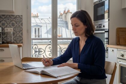 Femme concentrée travaillant à son bureau dans une cuisine moderne à Mille