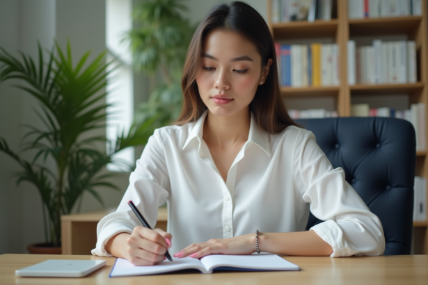 Jeune femme au bureau prenant des notes dans un journal