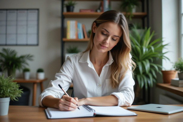 Femme en bureau à domicile prenant des notes dans un planner